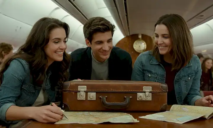 3 amigos, globo, mapa, brújula, equipaje, accesorios de viaje, pasaporte, maleta, billete de avión, caras sonrientes, manos sujetando objetos, aventura, emoción, viaje, exploración, descubrimiento, curiosidad