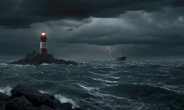 Un mapa con una X marcada en rojo, un barco navegando a través de aguas inexploradas, un faro en el horizonte, un sentido de aislamiento e incertidumbre, un cielo oscuro y tormentoso