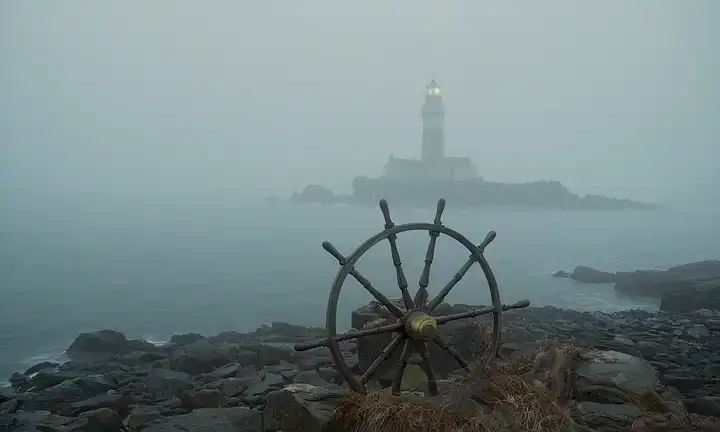 Una rueda de barcos girando en sentido contrario en una niebla densa, rodeada de agua y un faro lejano en una costa rocosa, con un esbozo débil de la orilla en el fondo, un sentido de misterio e incertidumbre