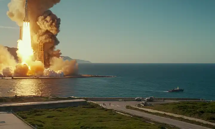 Spaceport por la costa, cohete privado chino lanzando hacia el cielo, ciruela de llamas y humo detrás, olas oceánicas chocando en primer plano, brillantes sombras que arrojan luz solar, gente mirando desde la distancia, vehículos que se alejan en el fondo, aviones volando sobre la cabeza