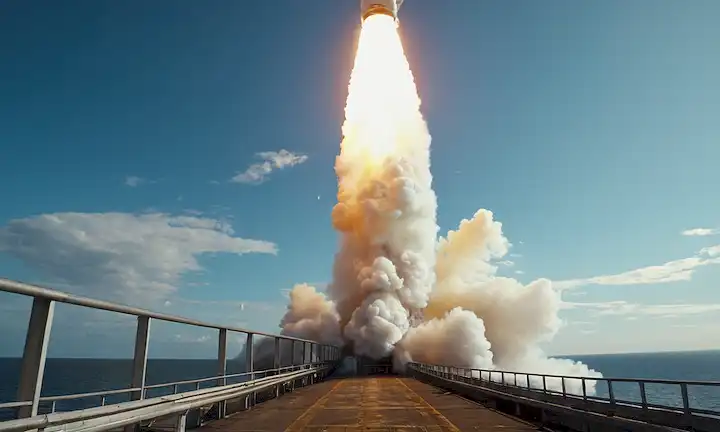 Un cohete masivo que sale de una plataforma costera, rodeada de mar y nubes, con llamas y humo que emanan de su base, ya que atraviesa el cielo, dejando atrás un rastro de vapor blanco, contra un horizonte azul