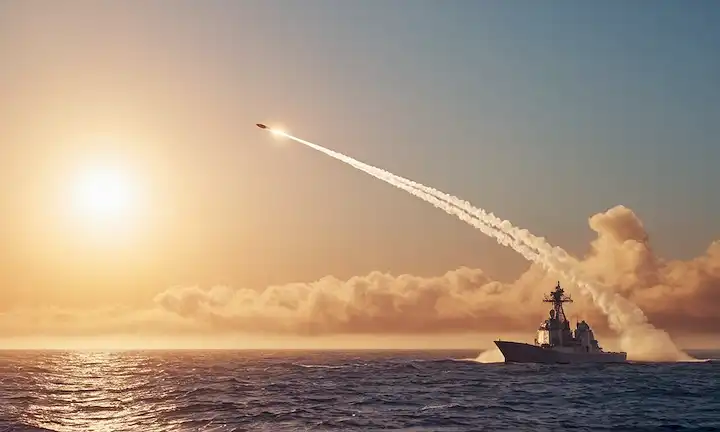 3D rendering of a Chinese private rocket, ocean waves in background, white smoke plumes, ascending trayectoria, launchpad silhouettes, blue sky, orange sun, clouds, misty atmosphere, sleek design