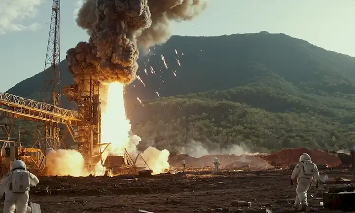 Rockets que se elevan al cielo, explosiones de luz y humo, escombros esparcidos alrededor, Espacio Un logotipo parcialmente destruido, paisaje japonés en el fondo, onda de choque ondeando a través del aire, llamas envolviendo partes de lanzamiento, gente corriendo por cubierta, caos y destrucción