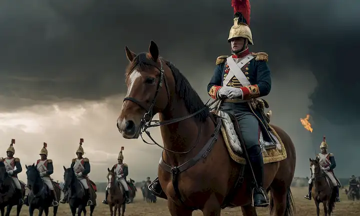 siglo XVIII Ejército Napoleónico general francés, derrotado por un oponente inesperado y misterioso, fondo con nubes oscuras, armadura dorada e iluminación lencería