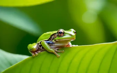 Una pequeña rana verde sentada en una hoja verde brillante