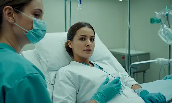 Un paciente quirúrgico tranquilo en una cama hospitalaria, rodeado de equipo médico, con una máscara cubriendo su nariz y boca, un goteo intravenoso en el brazo, y un médico o enfermera de pie junto con un abrigo blanco y guantes