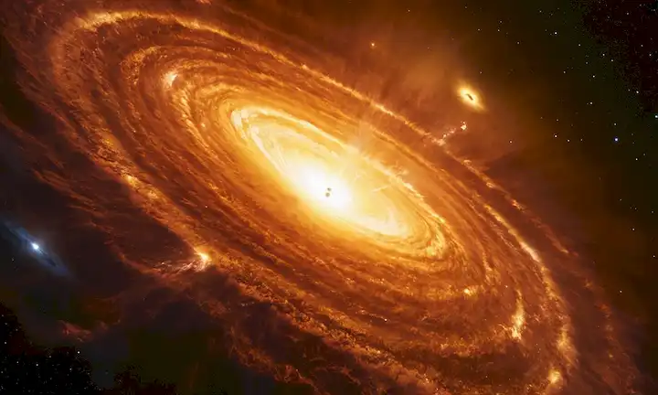 Una superficie de estrellas con nubes de gas brillantes, una explosión masiva en el fondo, torbellinos como vortex de materia cósmica, liberación de energía nuclear visualizada como rayos vibrantes y brillantes, cuerpos celestes orbitando alrededor de la estrella moribunda