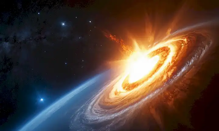 Estrella azul-blanca caliente, nubes agitadas de gas y polvo, intensa fuerza gravitacional, cuerpo masivo parecido al sol, plasma incandescente, núcleo ardiente, inmensa liberación de energía, evento explosivo, destrucción estelar, inferno arqueador, colapso catastrófico, estrellas dinámicas internas