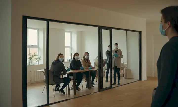 2-5 personas paradas o sentadas en habitaciones separadas, cada una con una puerta o partición; algunas con máscaras y guantes; unas ventanas abiertas para permitir la luz natural y la ventilación; un fondo borroso que representa un entorno residencial; iluminación sutil para crear un sentido de aislamiento