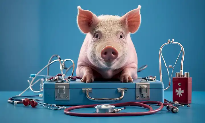 Un corazón de cerdos en un pecho transparente, con herramientas quirúrgicas y alambres alrededor de él, en un fondo azul, rodeado de imágenes débiles de una cara de cerdos, un estetoscopio y símbolos médicos