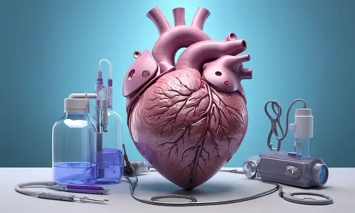 ilustración 3D de un corazón de cerdos, translúcida para revelar trabajos internos, rodeado de equipos médicos y herramientas, con un toque de azul claro o púrpura esquema de color para transmitir esperanza y posibilidad