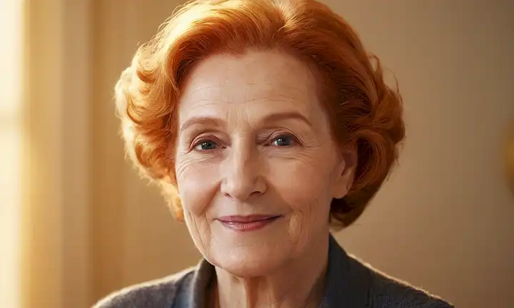 ilustración 3D de una anciana con piel joven y cabello vibrante, rodeada de luz dorada sutil, sonrisa suave, y un aura suave, transmitiendo serenidad, sabiduría y extraordinaria vitalidad