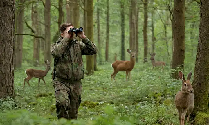 Un entorno forestal con un grupo de animales salvajes en el fondo, como ciervos, conejos y aves, huyendo de una figura humana a la distancia, que está vestida con ropa camuflada y sujetando binoculares, mientras que árboles cercanos han rascado marcas en sus troncos indicando actividad animal reciente