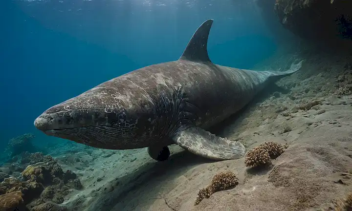 mamíferos marinos de 20 metros de largo con un cuerpo masivo, aletas que estiran la piel amplia, rubio, tusks protruding, cola poderosa, rodeado de antiguas formaciones sedimentarias de roca, depósitos de ceniza volcánica y fósiles dispersos