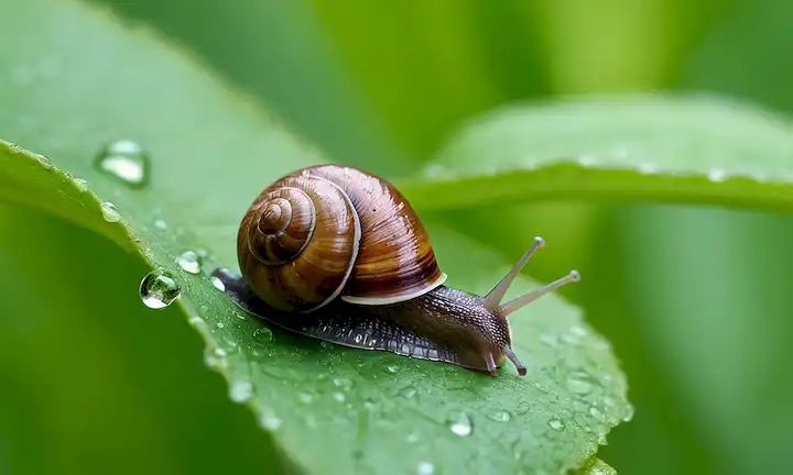 Disparos de caracol en hojas húmedas, gotas de lluvia pequeñas brillando, vegetación exuberante, enfoque suave, fondo borroso, rocío matutino, delicados bordes pétalos, tendriles peludos, texturas naturales, formas orgánicas, tonos terrenales, sombras sutiles