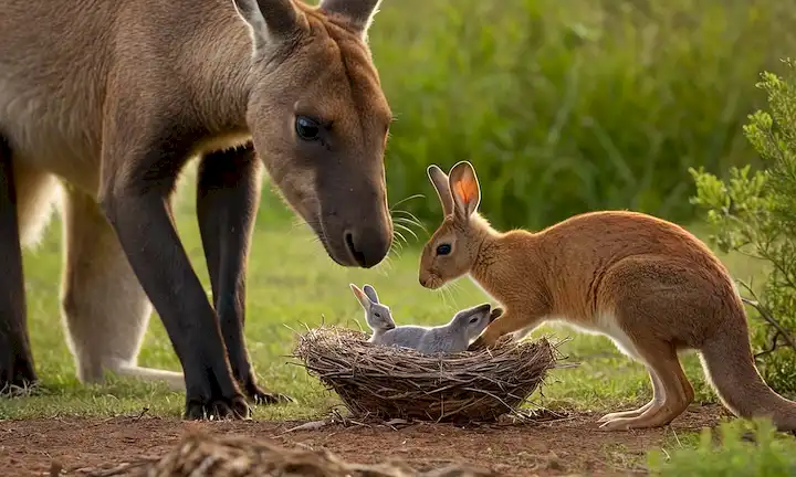 Una toma de cerca de un animal madre dando a luz a su joven, como un pájaro construyendo su nido, una ballena nadando en el océano, un canguro de pie en sus patas traseras, o un conejo que se escapa; La escena se pone en un fondo natural como un bosque, sabana o arrecife de coral; La iluminación es suave y caliente, con sombras suaves;