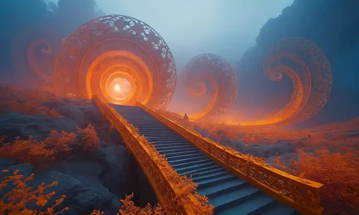 Paisaje fractal 3D con formas giratorias, estructura infinitamente parecida a la escalera en el fondo, orbes brillantes flotando en medio de pelucas, gradas de color sutil transición de azul profundo a naranjas ardientes