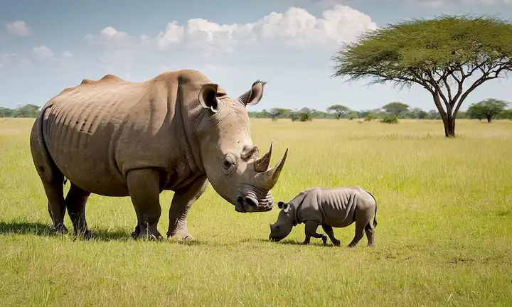 Una escena serena de sabanas, una madre Rhino y becerro pastando juntos, exuberantes hierbas verdes balanceándose en viento suave, cálidas sombras de fundición de la luz del sol, un delicado fondo blanco para destacar a los animales, unas cuantas nubes brillantes que recorren el cielo, un sentido de esperanza y renovación