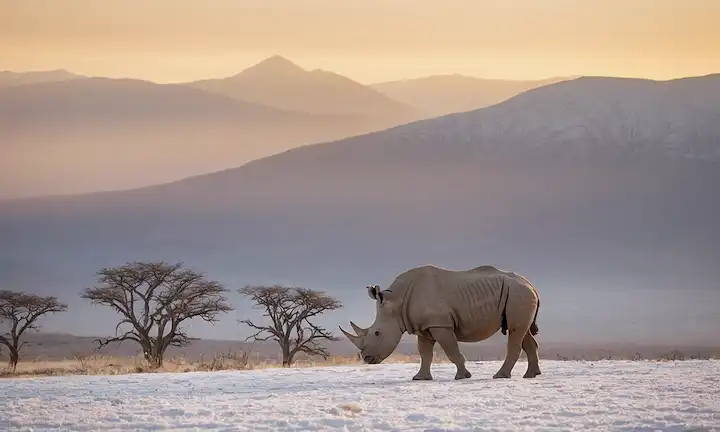 Calf de rinoceronte blanco caminando solo en una cordillera desolada y cubierta de nieve al atardecer