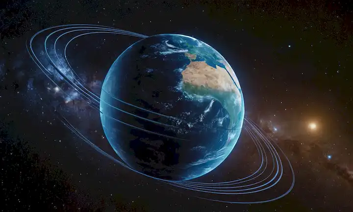 globo 3D con tejido distorsionado, curvatura espacial, ondas gravitacionales ondas onduladas, símbolo de ecuación de energía masiva de Einsteins, nave espacial o reloj flotando cerca, estrellas y galaxias en fondo, movimiento dinámico