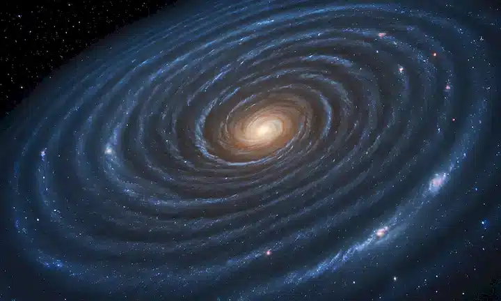 curvatura 3D espaciotime, objeto masivo en primer plano, ondas gravitacionales irradiando hacia fuera, estrellas y galaxias en fondo, perspectiva cósmica, movimiento giratorio como vórtice, tejido espacial distorsionado, ecuación de Einsteins simbolizando la conexión a la gravedad, esquema de color sutil con tonos azules evocando un sentido de profundidad, detalles intrincados invitando a la exploración