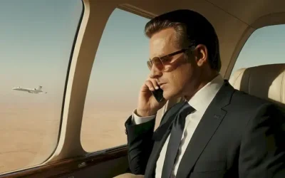 Un jet privado lujoso sobre un paisaje desértico con el horizonte de Arabia Saudita a la distancia
