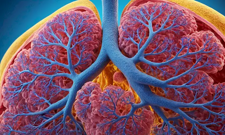 ilustración 3D, pulmones con inflamación asmática, bronquiolos, constricción de vías respiratorias, partículas de alérgenos, células inmunes, sistema respiratorio, antecedentes médicos, colores como azul, rosa y amarillo