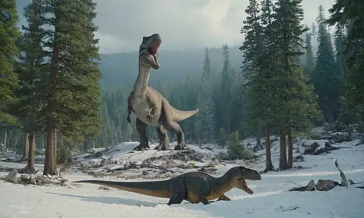 una escena forestal prehistórica con un gran dinosaurio borealopelta markmitchelli en el centro, rodeado de árboles coníferos, tierra cubierta de nieve y atmósfera de mal humor, con unos pocos fósiles y huesos dispersos en el fondo, mostrando los hábitats de los dinosaurios