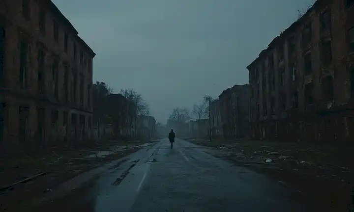 Un paisaje urbano desolado con edificios abandonados y calles iluminadas, una figura solitaria en la distancia con una expresión inquietante, sombras estremecedoras arrojadas por los faros voladores, un tono oscuro y ominoso.