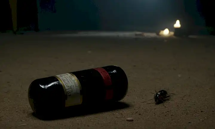 Una persona rodeada de oscuridad, con ojos cerrados y boca abierta en desesperación; una botella de píldora rota a sus pies; una luz débil en la distancia que simboliza la esperanza; sombras de insectos o roedores que se arrastran hacia fuera; un sutil indicio de destrucción y caos