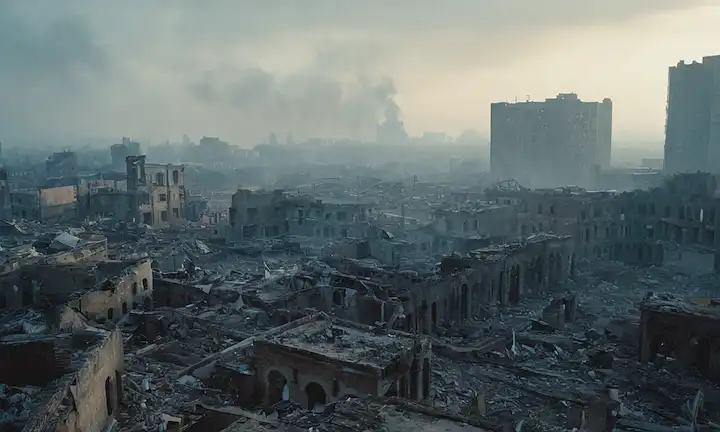 Un paisaje urbano desolado con un paisaje urbano en ruinas, una figura solitaria perdió en medio del caos, una laberinto de humo gris y azul envolviendo todo, una luz débil en la distancia, un sentido de desesperanza y desesperación, una metrópolis que una vez llega ahora devastada por la destrucción