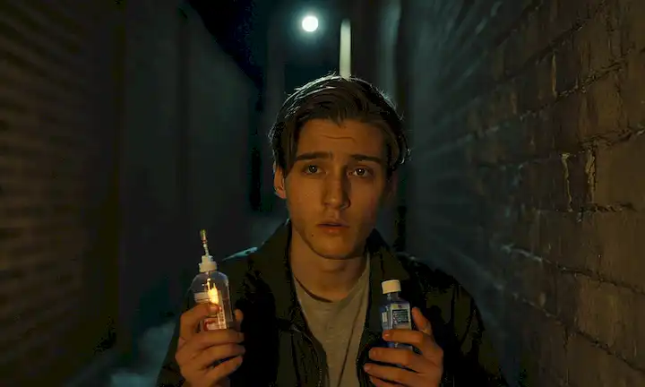 Una persona joven en un callejón oscuro, sosteniendo una jeringa con una gorra despedazada, rodeada de paquetes de píldoras desechadas y botellas vacías, con un resplandor débil de una pantalla de teléfono inteligente visible en el fondo, y un sentido de malestar o angustia transmitido a través de la expresión facial o lenguaje corporal