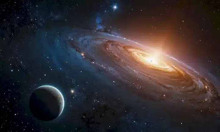 Representación 3D del universo distante, nebulosa brillante en el fondo, primer plano con estrella masiva Earendel en el centro, rodeado de gases y estrellas girantes, espacio oscuro que se extiende hacia el horizonte infinito