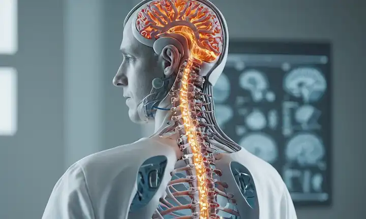 Modelo 3D de médula espinal, conexiones neuronales, microelectrodos, matriz de electrodos, herramientas médicas, investigador en capa blanca, equipo de laboratorio, escáner cerebral o imagen de resonancia magnética, diagramas de neuroingeniería, ilustración de columnas humanas