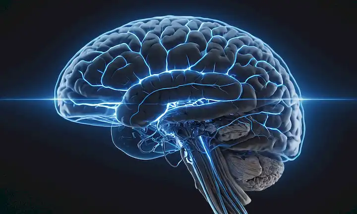 Escaneo cerebral 3D con médula espinal resaltado en conexiones azules y neuronales ilustradas como líneas brillantes
