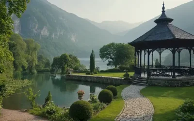 Paisaje europeo del siglo XIX con tonos azules y blancos oscuros