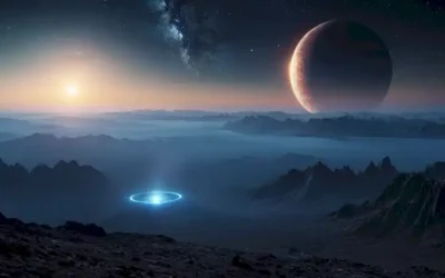 Un planeta distante y defectuoso con anillos azules brillantes orbitando una estrella brillante
