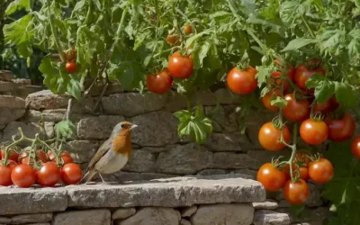 Una escena soleada de jardín con tomates maduros madurando en una vid