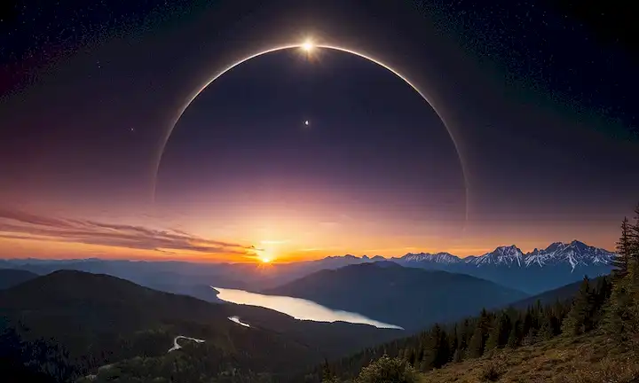 Un sol majestuoso con un halo oscuro, rodeado de una corona blanca brillante; dos cuerpos celestes, la Tierra y la Luna, en órbita alrededor del otro; una sombra en forma de crescente cayendo en un paisaje de montañas, árboles y agua; unos pocos humanos mirando hacia arriba en el asombro del fenómeno raro