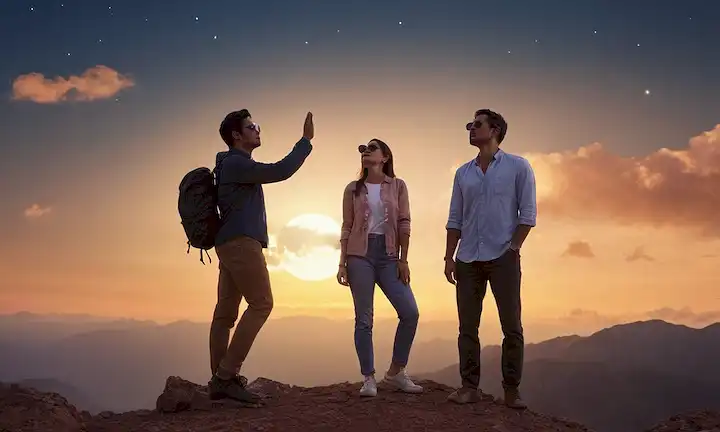 2 personas de pie en un terreno montañoso con sol, luna y estrellas en el fondo, las manos se juntaron mirando hacia arriba, usando gafas de sol y atuendo casual, nubes oscureciendo el cielo, corona solar brillando a través de huecos, lado de la montaña iluminada por la cálida luz del sol, personas silueta contra el disco brillante del sol