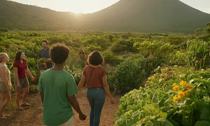 Un volcán verde exuberante, un grupo de personas que se unen, agarrando las manos, sonriendo, unidos, colores vibrantes, iluminación cálida, tonos terrenales, paisaje natural, esperanza, resiliencia, comunidad, renacimiento, nueva vida, crecimiento, plantas florecientes, flores florecientes, sol radiante, sombras suaves