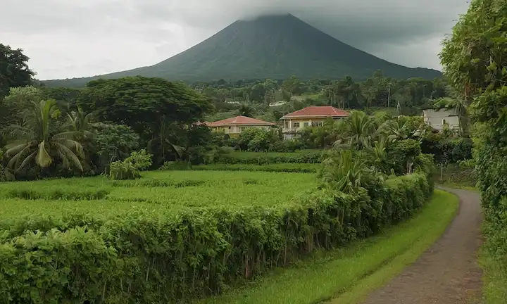 un paisaje sereno con un volcán en el fondo, un pequeño pueblo rodeado de vegetación exuberante, gente que va por sus vidas diarias, niños jugando a la distancia, un sentido de paz y tranquilidad