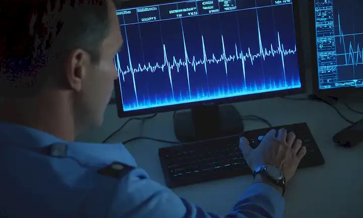 Un cuerpo humano con un resplandor azul alrededor de él, una línea plana de electrocardiograma, un rayo que lo golpea, una onda de choque que irradia hacia fuera, y personal médico en el fondo que mira preocupado
