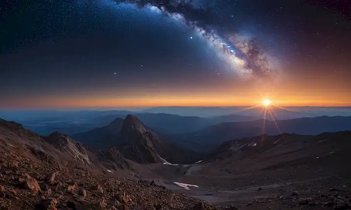 estrellas brillando brillantemente, girando galaxias en la distancia, un telescopio óptico masivo en el centro, Tierras visibles superficie, puestas de sol detrás de montañas, paisaje majestuoso, luz atmosférica filtrando a través de nubes, rayos cósmicos bailando en oscuridad, cuerpos celestes avanzando hacia el horizonte, despliegue continuo espacio-tiempo