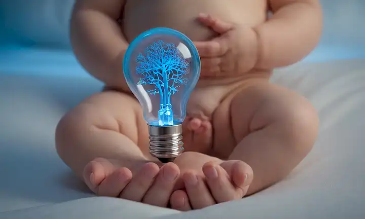 embrión 3D con piel translúcida, sistema nervioso brillante azul, extremidades en posición fetal, características faciales ligeramente desarrolladas, ojos cerrados, manos pequeñas que sostienen un pequeño farol, brillo suave de fondo que representa el desarrollo, y un sutil esquema sombrío que sugiere posibilidades futuras