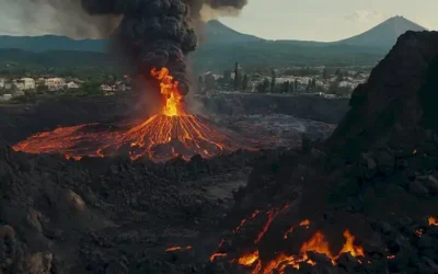 Paisaje volcánico del siglo XVII con flujos de lava