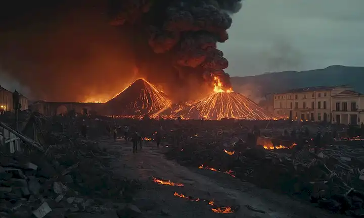 Paisaje volcánico del siglo XVII con lava fundida, destrucción y caos en la plaza de la ciudad, edificios ardiendo, gente huyendo en el miedo, calles cubiertas de ceniza, devastación secuela, humo oscuro levantado del cráter volcánico
