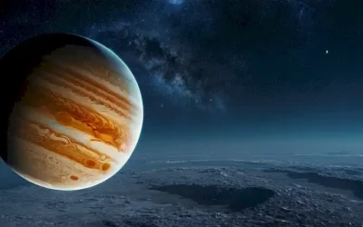 Un majestuoso Júpiter en el fondo con su atmósfera nublada y colores vibrantes