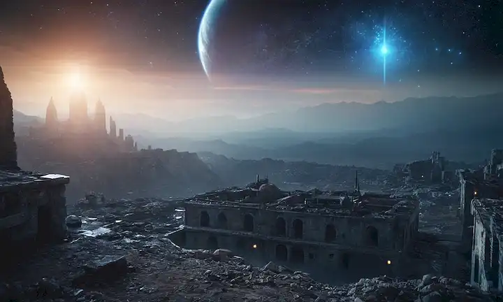 3D fondo espacial, estrellas brillantes, planeta distante orbitando una estrella azul brillante, nave espacial flotando por encima, niebla extraña, abandonado paisaje urbano alien en ruinas, extraño artefacto brillante