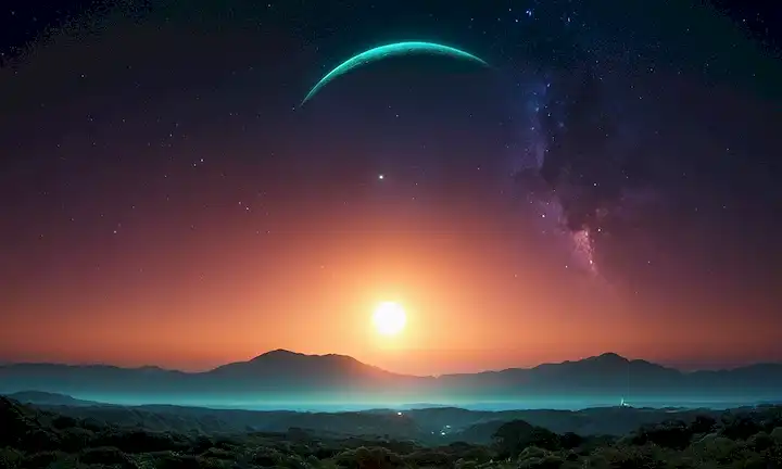 Un cielo estrellado oscuro con un planeta azul-verde brillante que se eleva en la distancia, una nave espacial alienígena flotando cerca, una puesta de sol binaria en el lado izquierdo, una luna crescente brillando brillante, y un sutil y brillante aura que rodea toda la escena